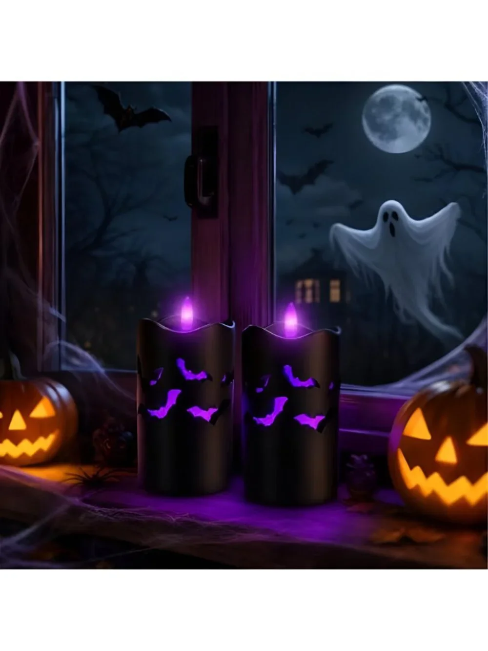 Halloween Flameless Pillar Candles with Bat Cutouts, Remote Control, 2-Pack